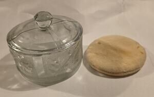Vintage Clear Pressed Glass Powder Dresser Jar with Lid & Puff
